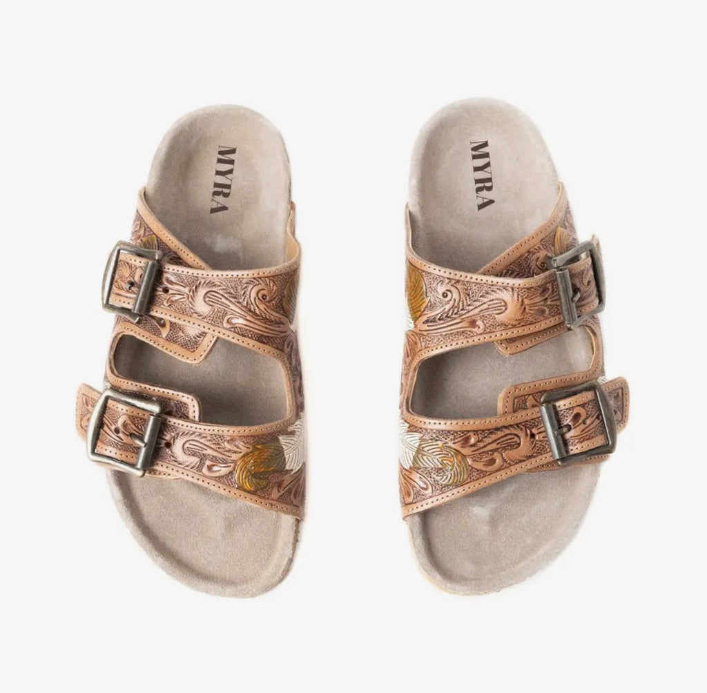 Hand tooled feather sandals