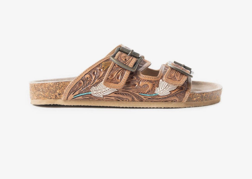 Hand tooled feather sandals